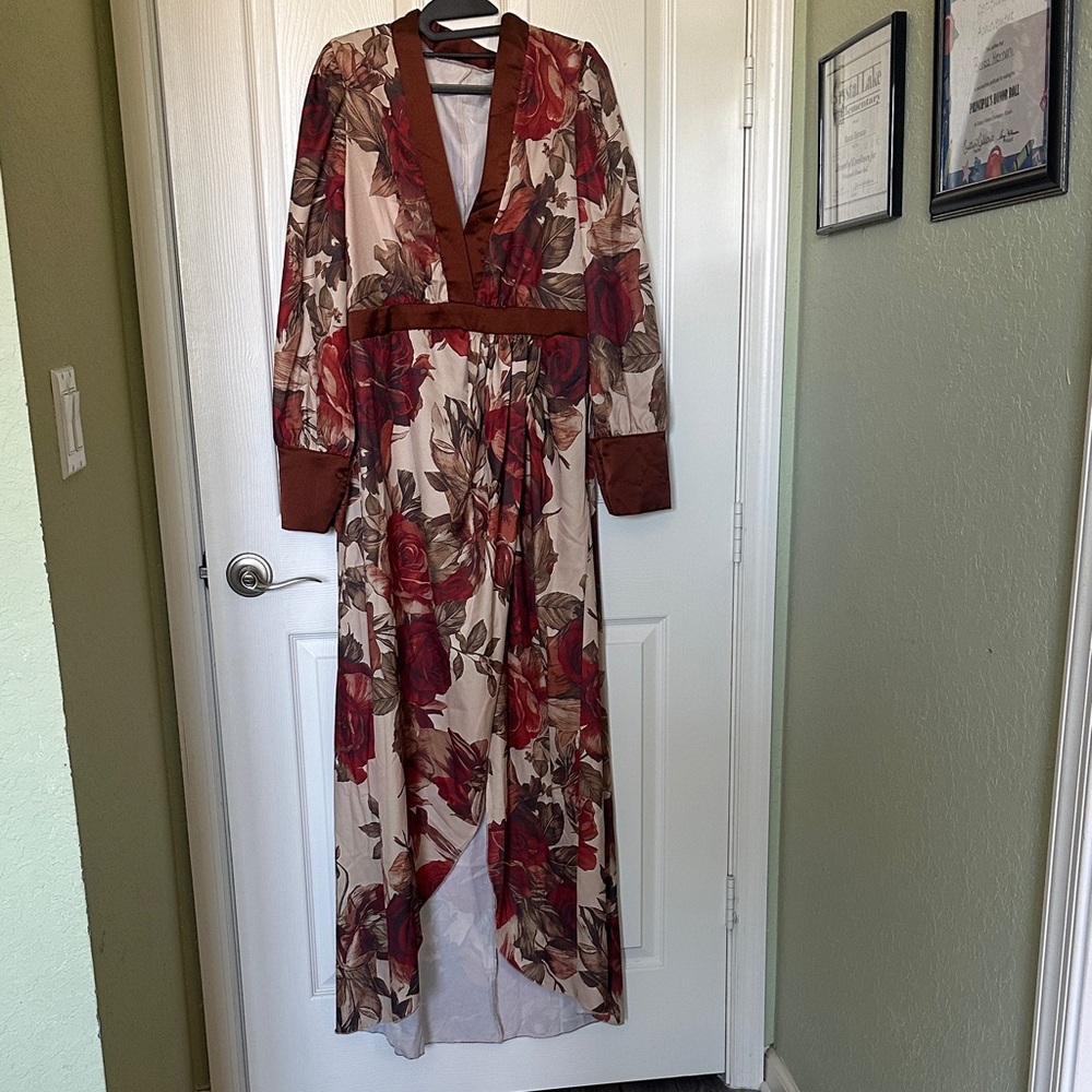 Floral Surplice long  Dress with Rust Trim